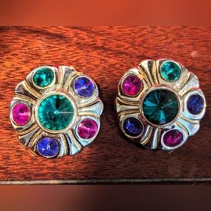 Retro costume jewelry jewel toned 80s flower shaped earrings